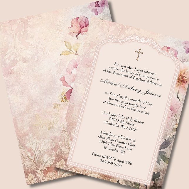 Invitación Elegante bautismo Christening Pink Floral (Subido por el creador)