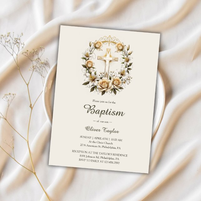 Invitación Elegante bautismo clásico de flor cruzado floral (Elegant Cross Floral Wreath Classic Baptism Invitation)