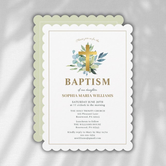 Invitación Elegante bautismo cruz de oro cruz agua salvia (Subido por el creador)