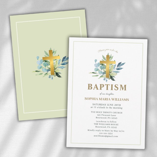 Invitación Elegante bautismo cruz de oro cruz agua salvia (Subido por el creador)