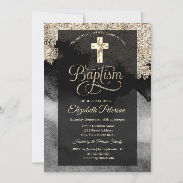 Invitación Elegante bautismo cruzado de oro (Anverso)