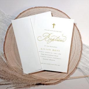 Invitación Elegante bautismo cruzado de oro