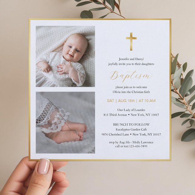 Invitación Elegante bautismo cruzado de oro | Guión moderno (Photo Baptism Invitation )