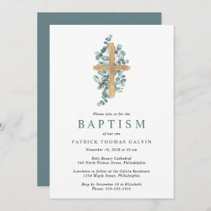 Invitación Elegante bautismo cruzado eucalipto verde