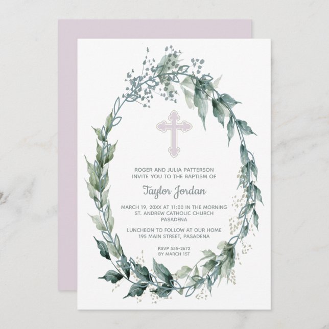 Invitación Elegante bautismo cruzado rosa de corona blanca (Anverso / Reverso)