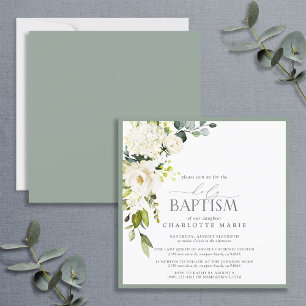 Invitación Elegante Bautismo de acuarela verde gris blanco