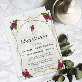 Invitación Elegante Bautismo de Bebé de Oro Rosa Rojo