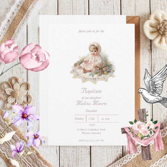 Invitación Elegante bautismo de bebé vintage (Elegant Vintage Baptism Invitations)
