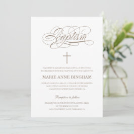 Invitación Elegante bautismo de caligrafía beige blanco