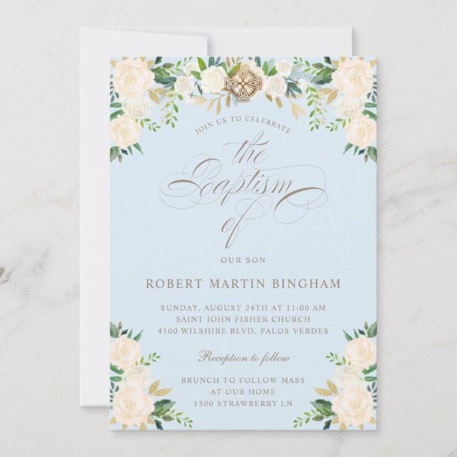 Invitación Elegante bautismo de caligrafía beige floral azul  (Anverso)