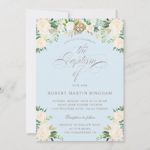 Invitación Elegante bautismo de caligrafía beige floral azul 