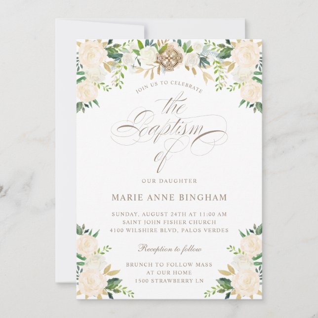 Invitación Elegante bautismo de caligrafía beige floral blanc (Anverso)