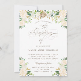 Invitación Elegante bautismo de caligrafía beige floral blanc