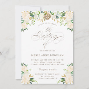 Invitación Elegante bautismo de caligrafía beige floral blanc