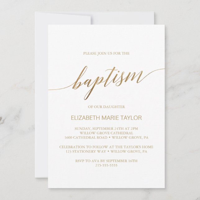 Invitación Elegante bautismo de caligrafía de oro (Anverso)