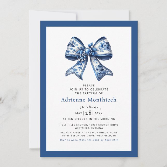 Invitación Elegante bautismo de cinta de cebo floral azul (Anverso)