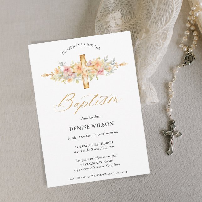 Invitación Elegante bautismo de cruz de oro floral (Subido por el creador)