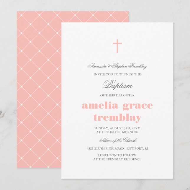 Invitación Elegante bautismo de cruz rosa gris y Rubor (Anverso / Reverso)
