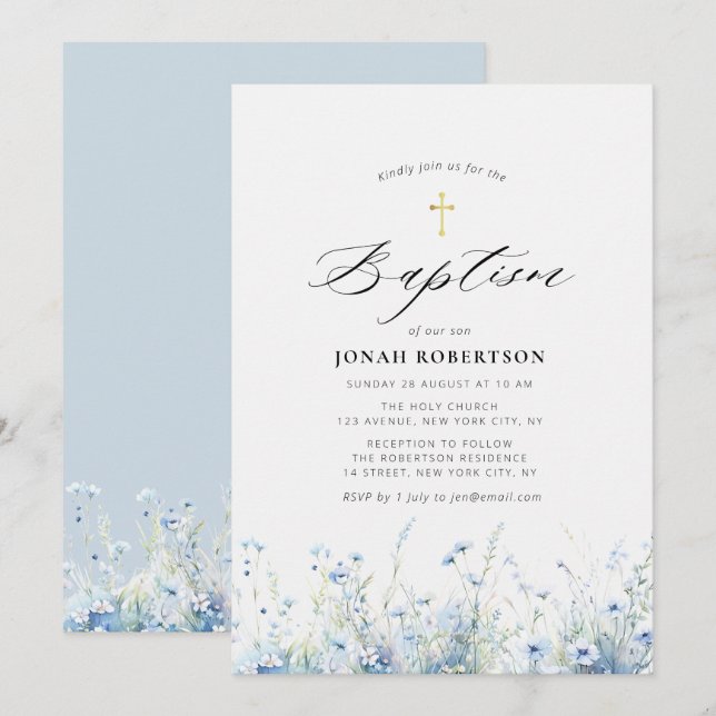 Invitación Elegante bautismo de flores azules (Anverso / Reverso)