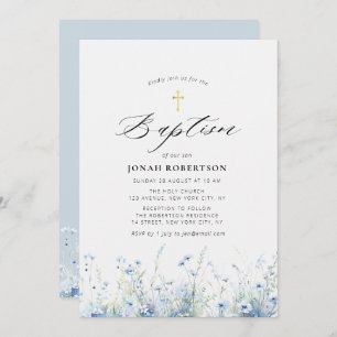 Invitación Elegante bautismo de flores azules