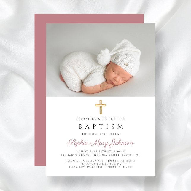 Invitación Elegante bautismo de foto de Chica religioso rosa (Elegant Pink Religious Cross Girl Photo Baptism Invitation)