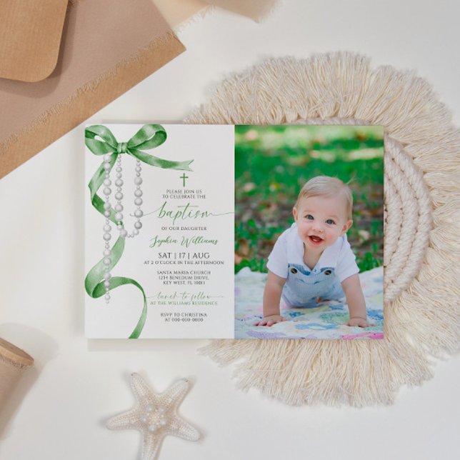 Invitación Elegante Bautismo de Fotografía de Sage Green Bow  (Subido por el creador)