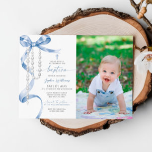 Invitación Elegante bautismo de fotos azul y rosado