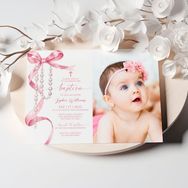 Invitación Elegante bautismo de fotos rosa y rosado (Subido por el creador)
