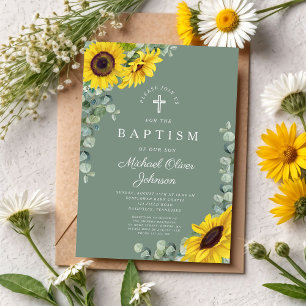 Invitación Elegante Bautismo de la Cruz Verde del Girasol