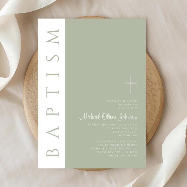 Invitación Elegante Bautismo de la Cruz Verde Masaje Moderno (Elegant Modern Sage Green Cross Baptism Invitation)
