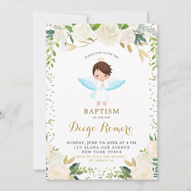 Invitación Elegante bautismo de niño angélico floral blanco (Anverso)