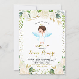 Invitación Elegante bautismo de niño angélico floral blanco