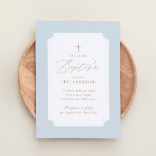 Invitación Elegante bautismo de niño cruzado de oro azul