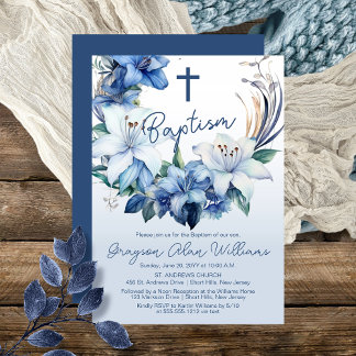 Invitación Elegante bautismo de niño floral azul invernal
