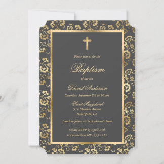 Invitación Elegante bautismo de niño floral de oro gris