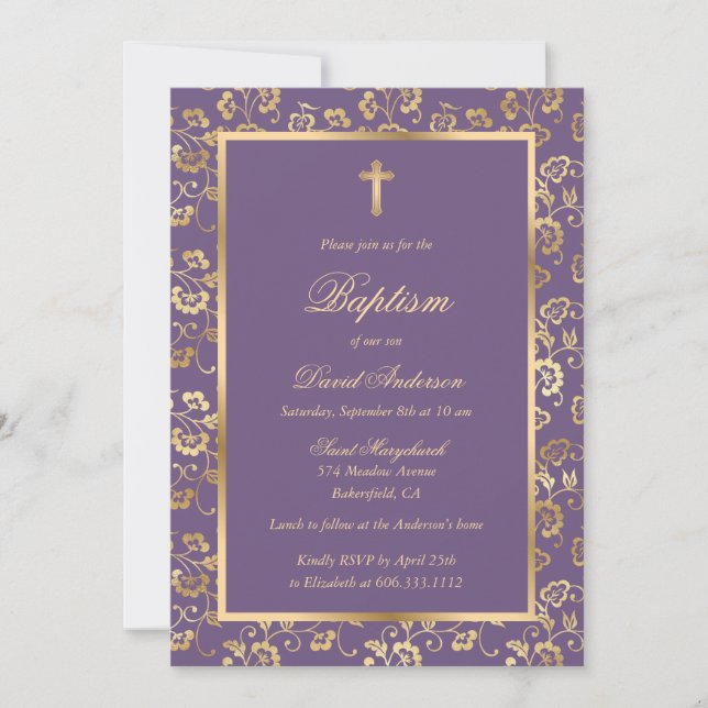 Invitación Elegante bautismo de niño floral de oro morado (Anverso)