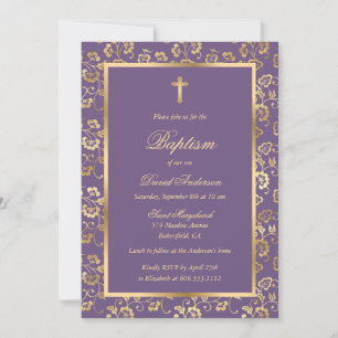 Invitación Elegante bautismo de niño floral de oro morado