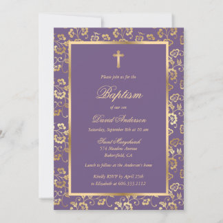 Invitación Elegante bautismo de niño floral de oro morado