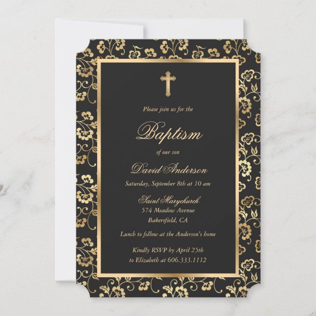 Invitación Elegante bautismo de niño floral de oro negro (Anverso)