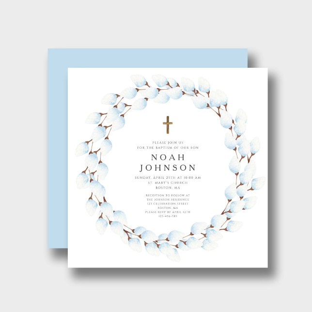 Invitación Elegante bautismo de niño religioso botánico azul (Elegant Blue Botanical Religious Boy Baptism Invitation)