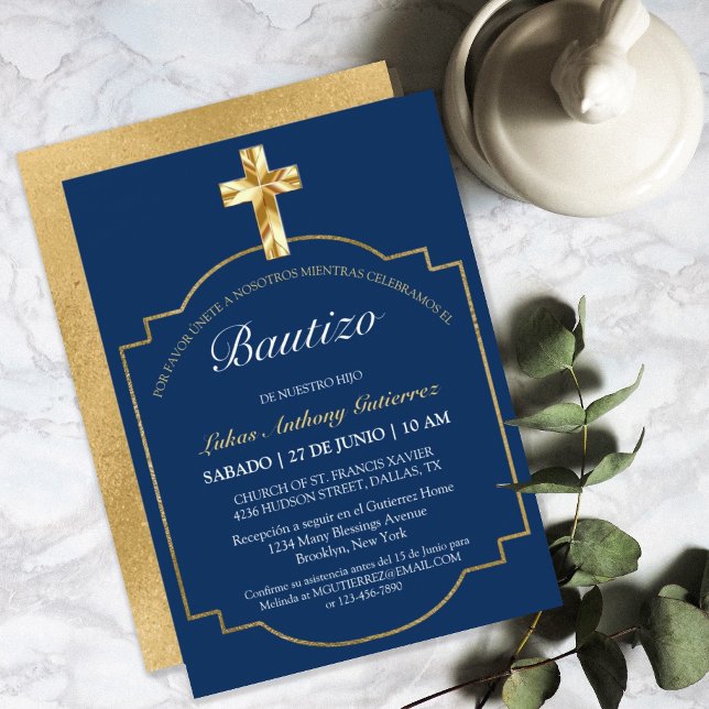 Invitación Elegante Bautismo de Niños Con Cruz Dorada Azul Ma (Subido por el creador)