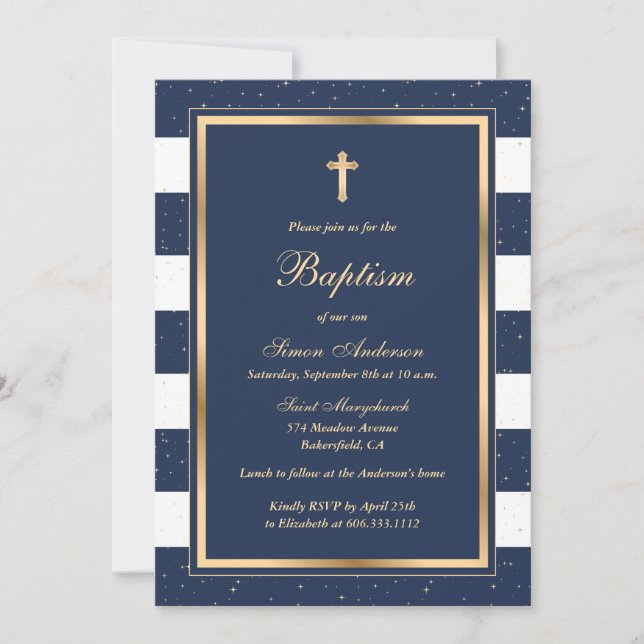 Invitación Elegante bautismo de oro azul (Anverso)