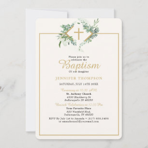 Invitación Elegante bautismo de oro eucalipto verde