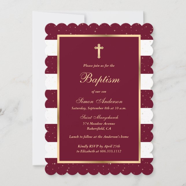 Invitación Elegante bautismo de oro rojo moderno (Anverso)