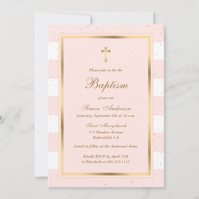 Invitación Elegante bautismo de oro rosado (Anverso)