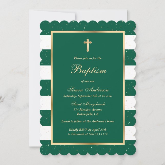 Invitación Elegante bautismo de oro verde esmeralda moderno (Anverso)