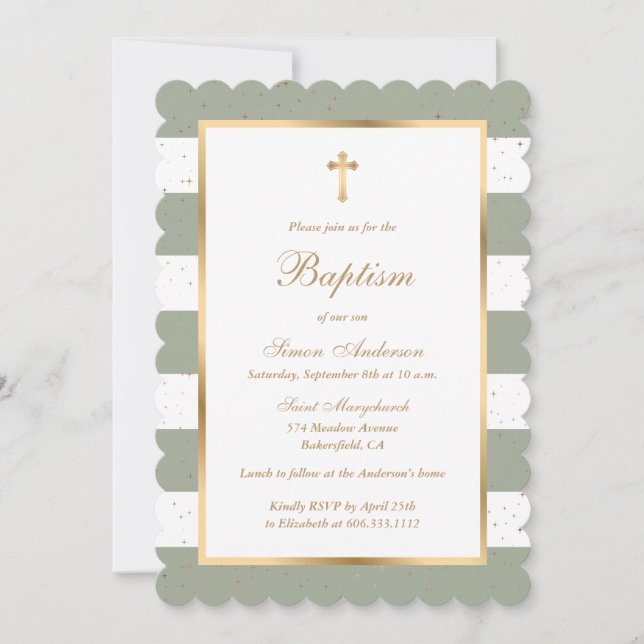 Invitación Elegante bautismo de oro verde sabio (Anverso)