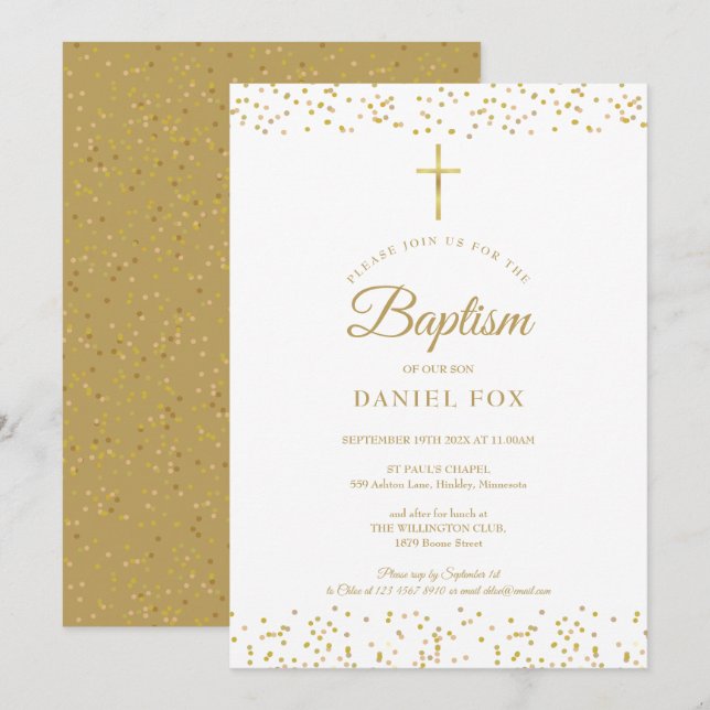 Invitación Elegante bautismo de polvo de oro (Anverso / Reverso)