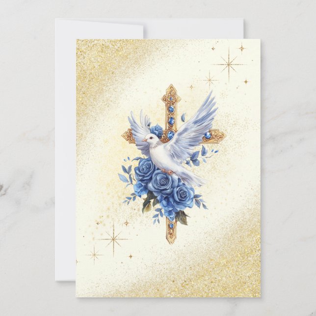 Invitación Elegante bautismo de Rosas dorados con palo azul (Reverso)