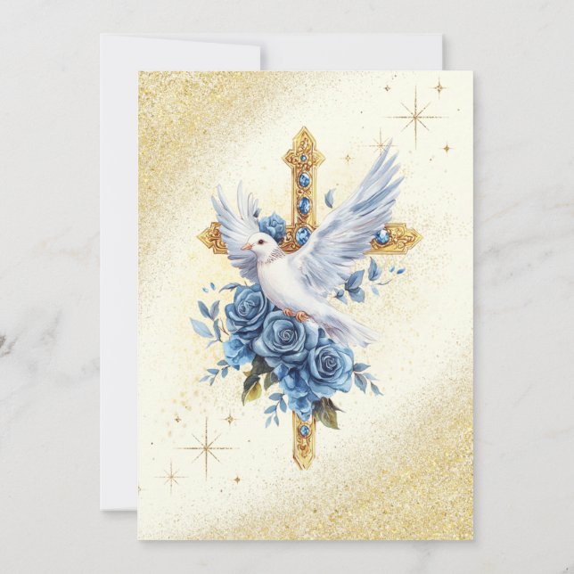 Invitación Elegante bautismo de Rosas dorados con palo azul (Reverso)